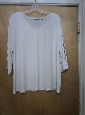 Susan Graver Lightweight White V-Neck Women's Top with Lattice Sleeves